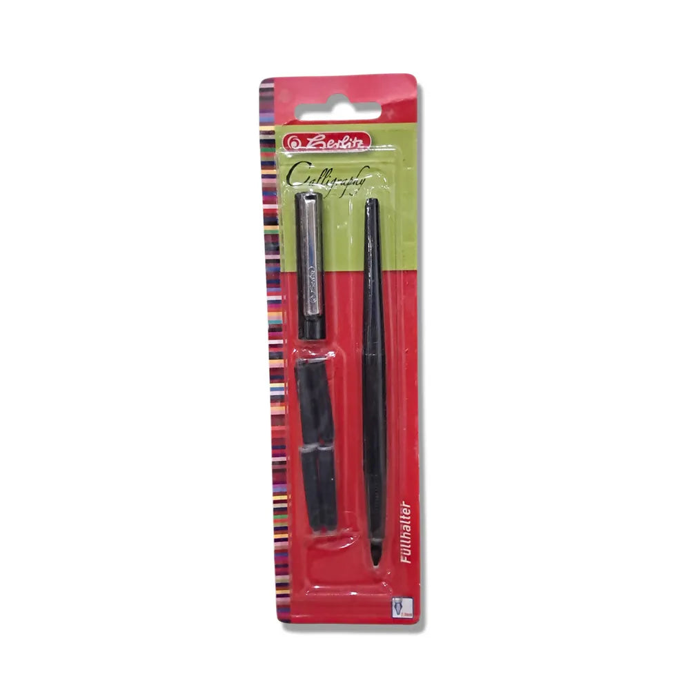 Great value calligraphy pen set from Herlitz stationery Germany by Pelikan. The calligraphy set comes in 3 nib sizes : 1.1mm, 1.5mm & 2.3mm. Interchangeable nib section with long shaft pen barrel design, ideal pen's diameter for comfort grip. Great price for good value product. Colour - Black Barrel & Cap Material β Plastic Capped Design β Snap On Clip β Metal Filling Mechanism β Ink Cartridge Nib : 2.3mm 4 Black Ink cartridges with pen Blister Pack Country of Origin : Germany