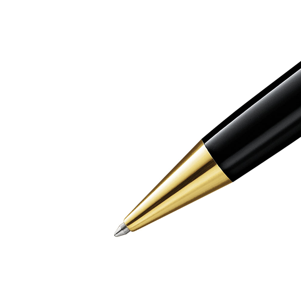 The Meisterstück Classique in deep black precious resin with gold-coated details and surmounted by the white star emblem evolves into a distinctive design icon. Black precious resin Black precious resin inlaid with Montblanc emblem Gold-coated clip with individual serial number Cap inlaid with the Montblanc emblem Three gold-coated rings embossed with the Montblanc brand name on the trim Signed and stamped warranty card