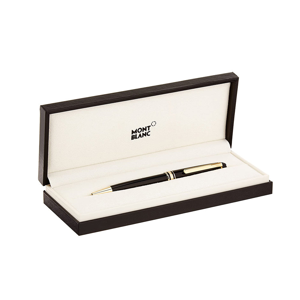The Meisterstück Classique in deep black precious resin with gold-coated details and surmounted by the white star emblem evolves into a distinctive design icon. Black precious resin Black precious resin inlaid with Montblanc emblem Gold-coated clip with individual serial number Cap inlaid with the Montblanc emblem Three gold-coated rings embossed with the Montblanc brand name on the trim Signed and stamped warranty card