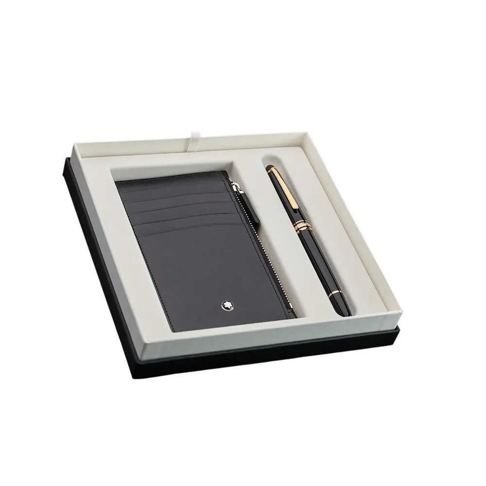 Montblanc Set Meisterstück Classique 163 Black Precious Resin GT Rollerball Pen with Meisterstück Pocket 5cc with Zip Black Card Holder