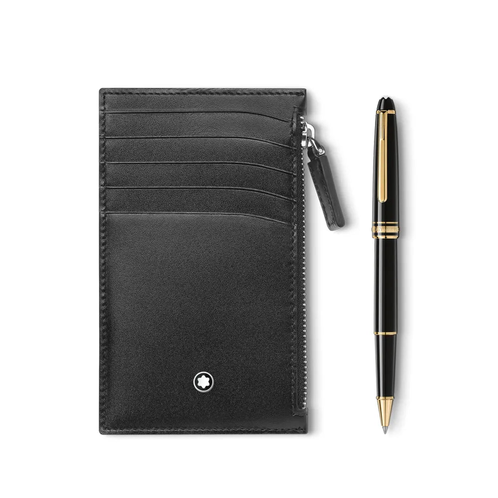 Montblanc Set Meisterstück Classique 163 Black Precious Resin GT Rollerball Pen with Meisterstück Pocket 5cc with Zip Black Card Holder