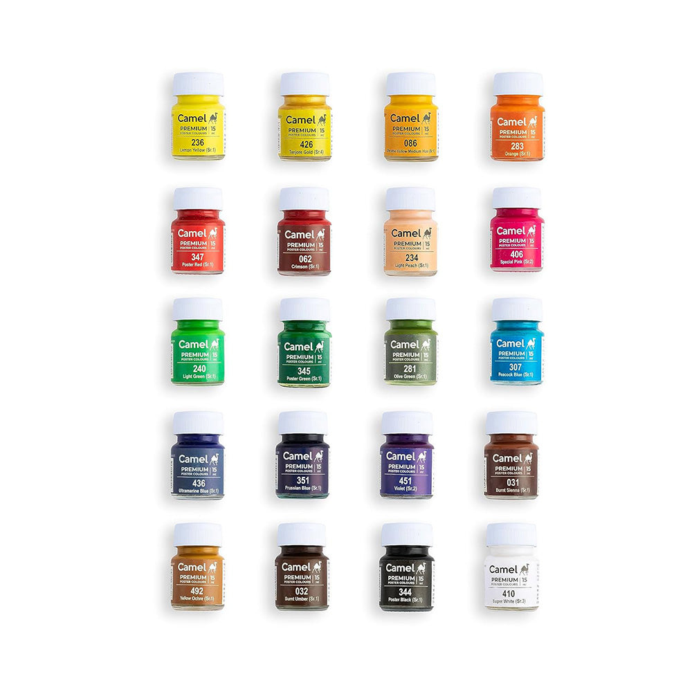 Kokuyo-Camlin Camel Premium Poster Colours 15ml with Brushes - 20 Shades