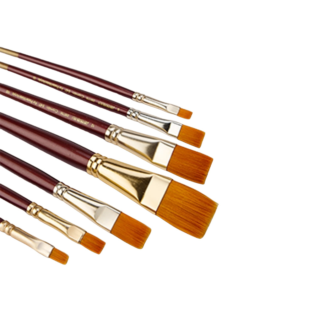 Synthetic gold hair brushes from Camlin are of international quality . Suitable to use with Camlin water colours, Camlin acrylic colours and Camlin Fabric colours. A set of flat brushes with a short handle and soft hair for young artists with a creative bend. Machine made, great quality soft hair to protect wildlife Flat shape for strokes and coverage Sturdy gold-plated ferrule for long life Perfectly balanced and polished wooden handles 100% vegan Brush no.s 1, 2, 4, 6, 8, 10, 12
