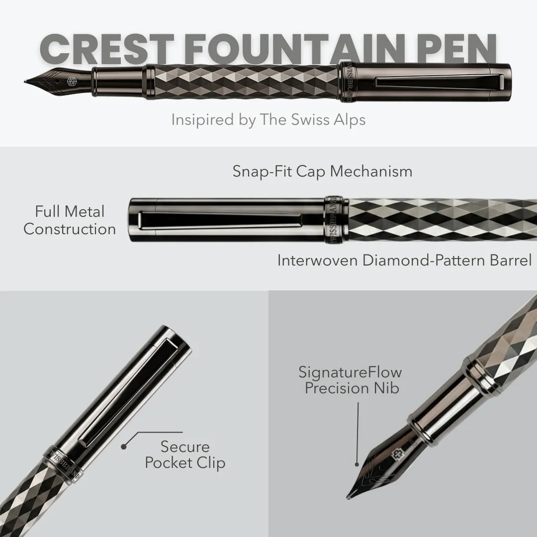 Swissbrand 2552 Ashler Crest Gunmetal Finish & Diamond Pattern GMT Fountain Pen - Medium Nib