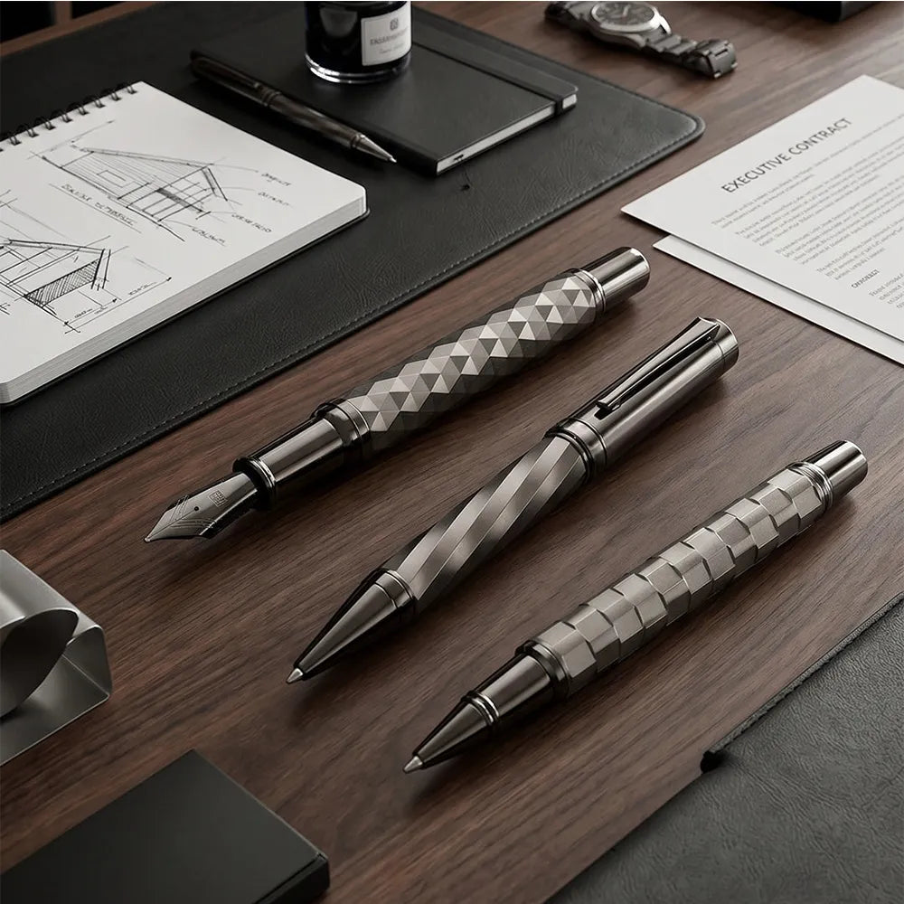 Swissbrand 2554 Ashler Tessera Gunmetal Finish & Square-Grid Pattern GMT Ballpoint Pen