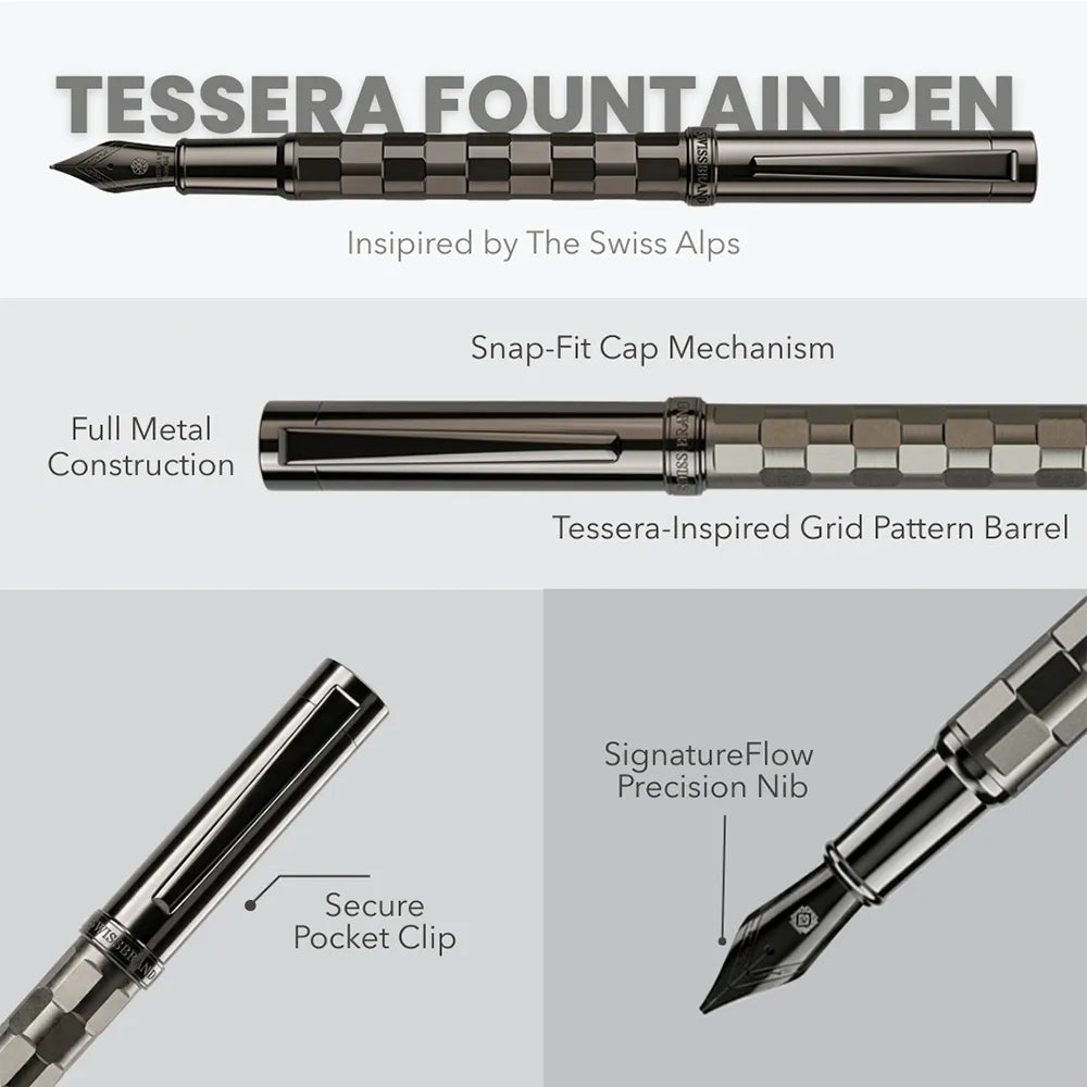 Swissbrand 2554 Ashler Tessera Gunmetal Finish & Square-Grid Pattern GMT Fountain Pen - Medium Nib
