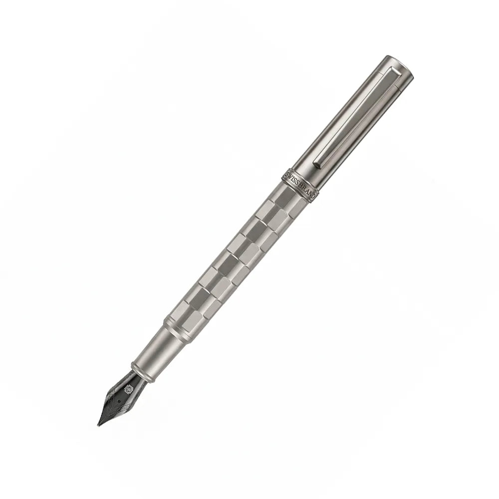 Swissbrand 2554 Ashler Tessera Gunmetal Finish & Square-Grid Pattern GMT Fountain Pen - Medium Nib