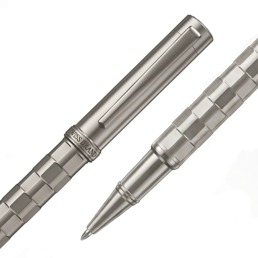 Swissbrand 2554 Ashler Tessera Gunmetal Finish & Square-Grid Pattern GMT Rollerball Pen