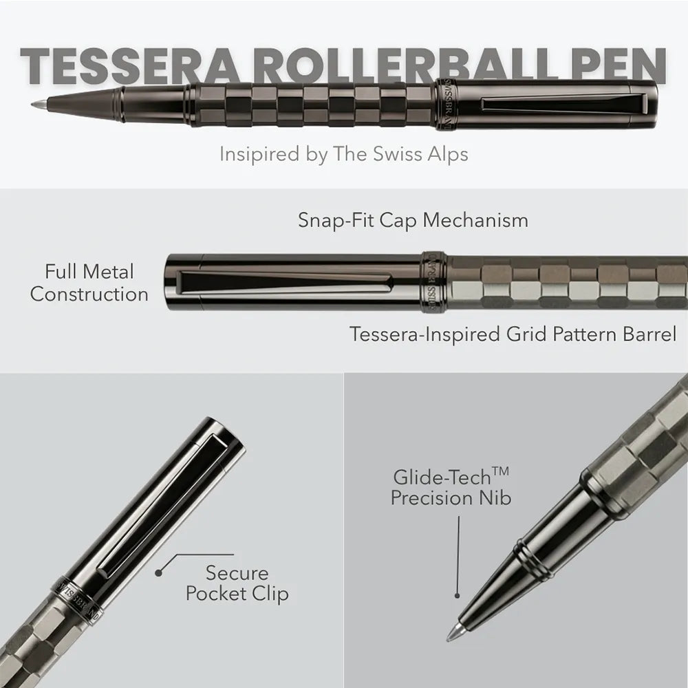 Swissbrand 2554 Ashler Tessera Gunmetal Finish & Square-Grid Pattern GMT Rollerball Pen