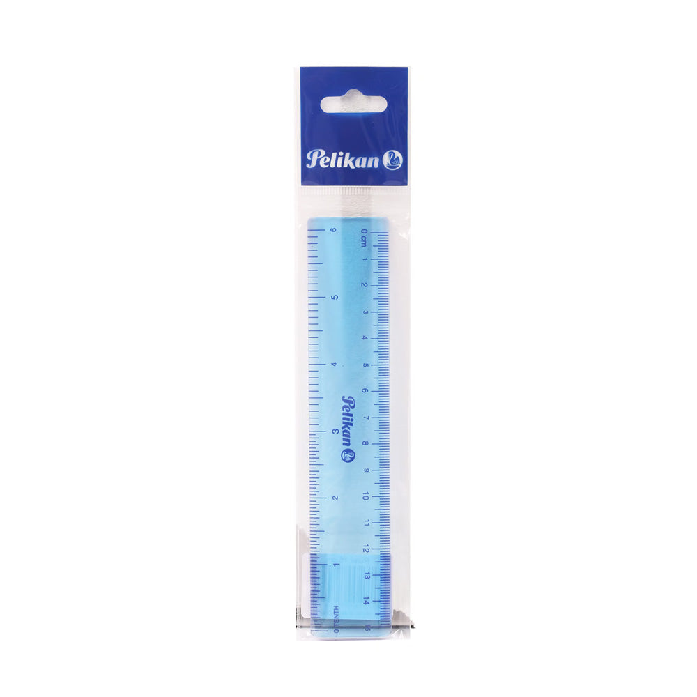 Pelikan ruler is suitable for school and office use. Body: Reflex blue Blue ruler Practical ruler, light and non-slip Ideal for cutters Material: Elastomer + neodymium magnet Size: 15 x 3 x 0.4 cm (15cm length) Transparent blue colour