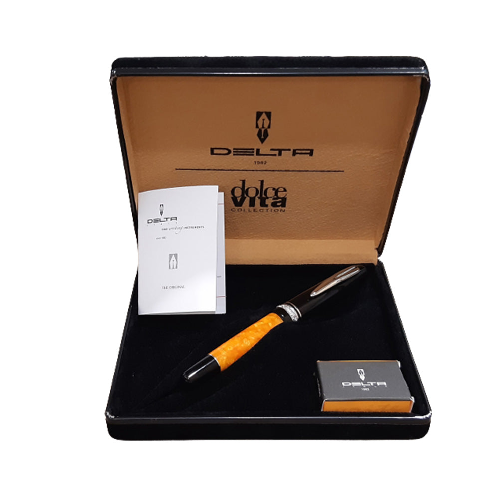 Delta Dolcevita Zen Orange-Black Resin with Sterling Silver Trim Fountain Pen – 14Kt Broad Nib