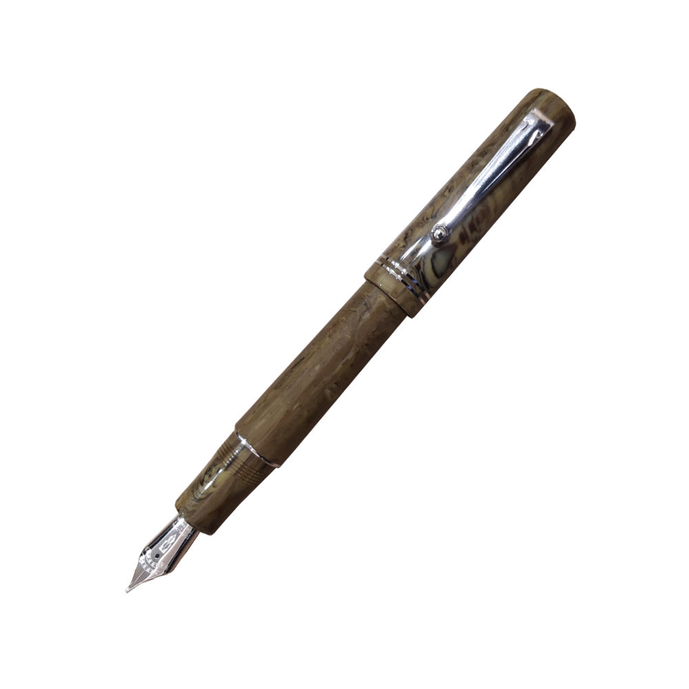 Delta The Journal Marbled Olive Resin with Rhodium Trim Fountain Pen – Broad Nib