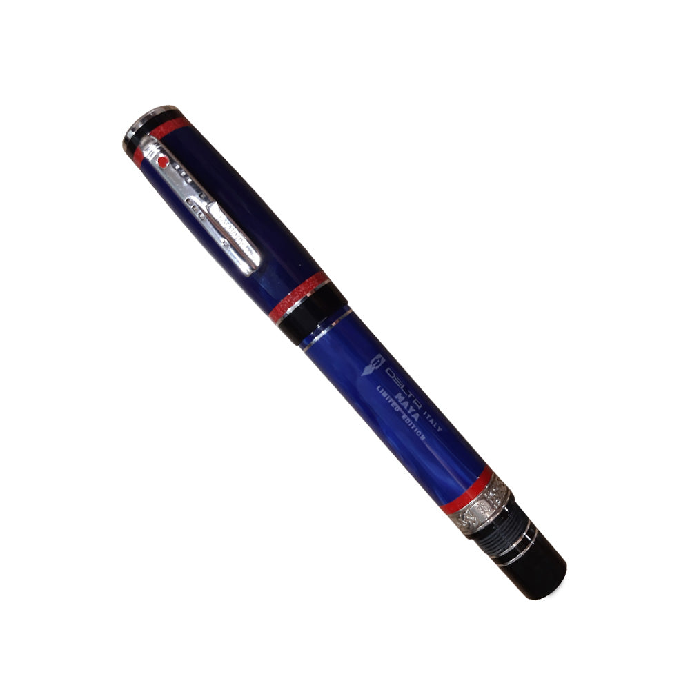 Delta Maya Blue-Red Resin Silver Trim Limited Edition Fountain Pen – 18kt Gold Medium Nib