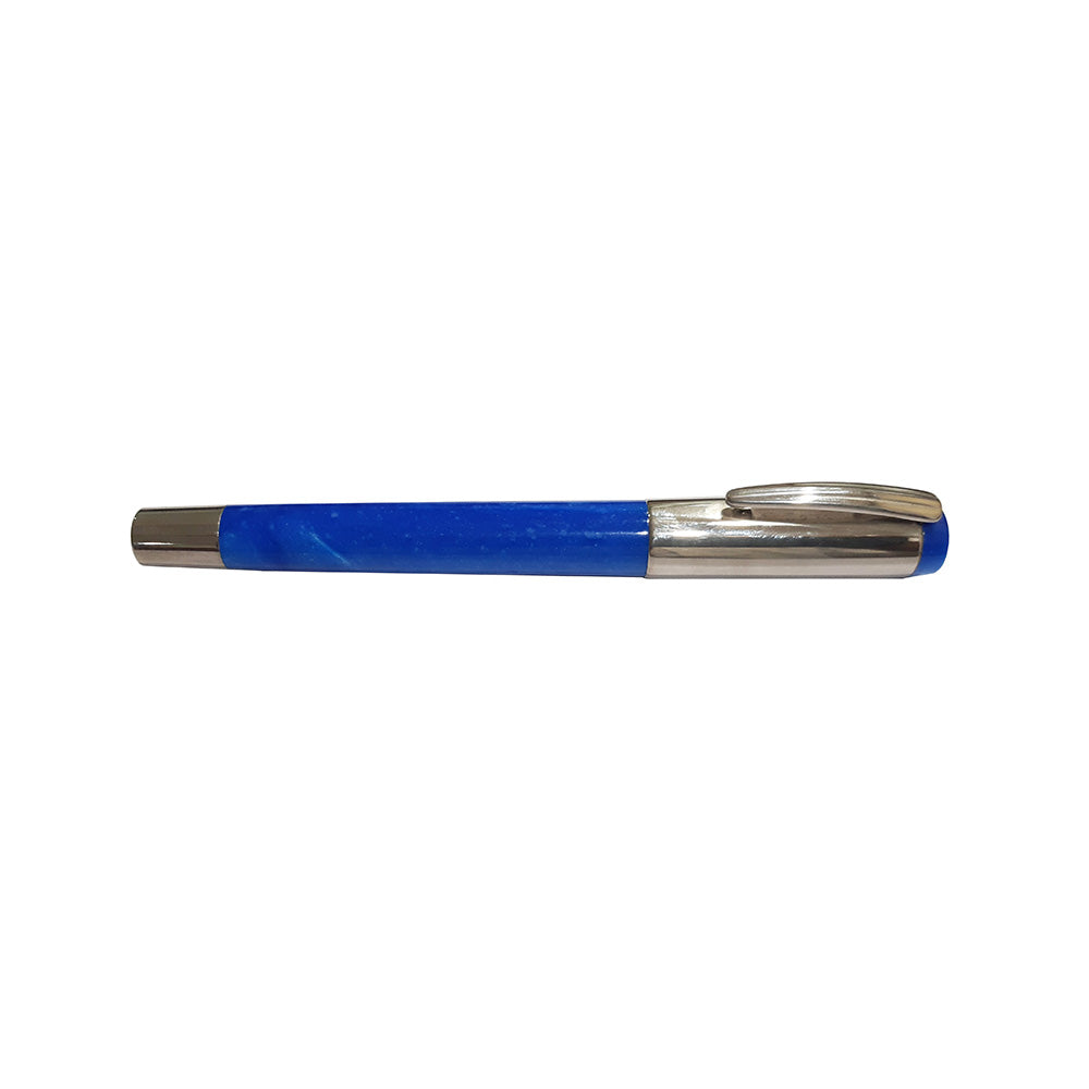 Delta Mask Light Blue Resin with Mirror Polished Trim Rollerball Pen
