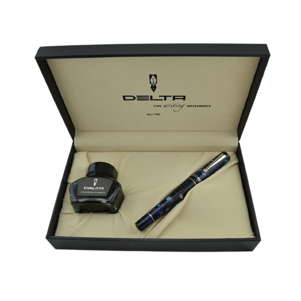 Delta The Journal Marbled Blue Resin with Rhodium Trim Fountain Pen – 18Kt Gold Fusion Broad Nib