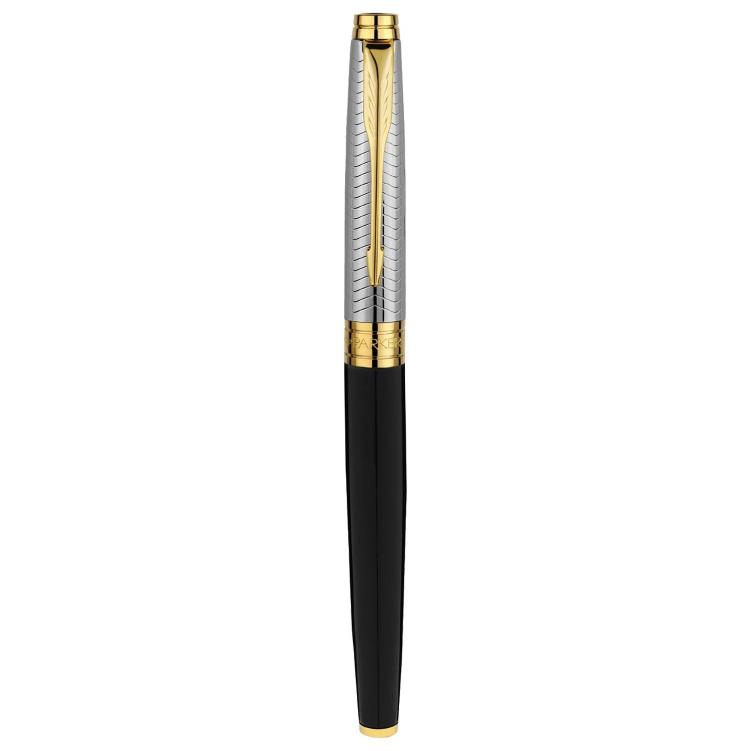 Parker Aster Contemporary Black & Chrome Gold Trim Rollerball Pen With Pop-Up Credit Card Holder