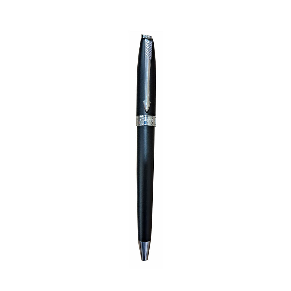Parker Fusion Ball Pen with Matte black ABS barrel with Stainless steel linished cap and chrome plated trim. A contemporary & unique design blended highlighted with a chrome plated ring on the barrel. Matte Black Finish Metal Barrel Chrome Plated Trim A Contemporary & Unique Design Chrome Plated Ring On The Barrel Twist Action Pen Gift Box Made in India
