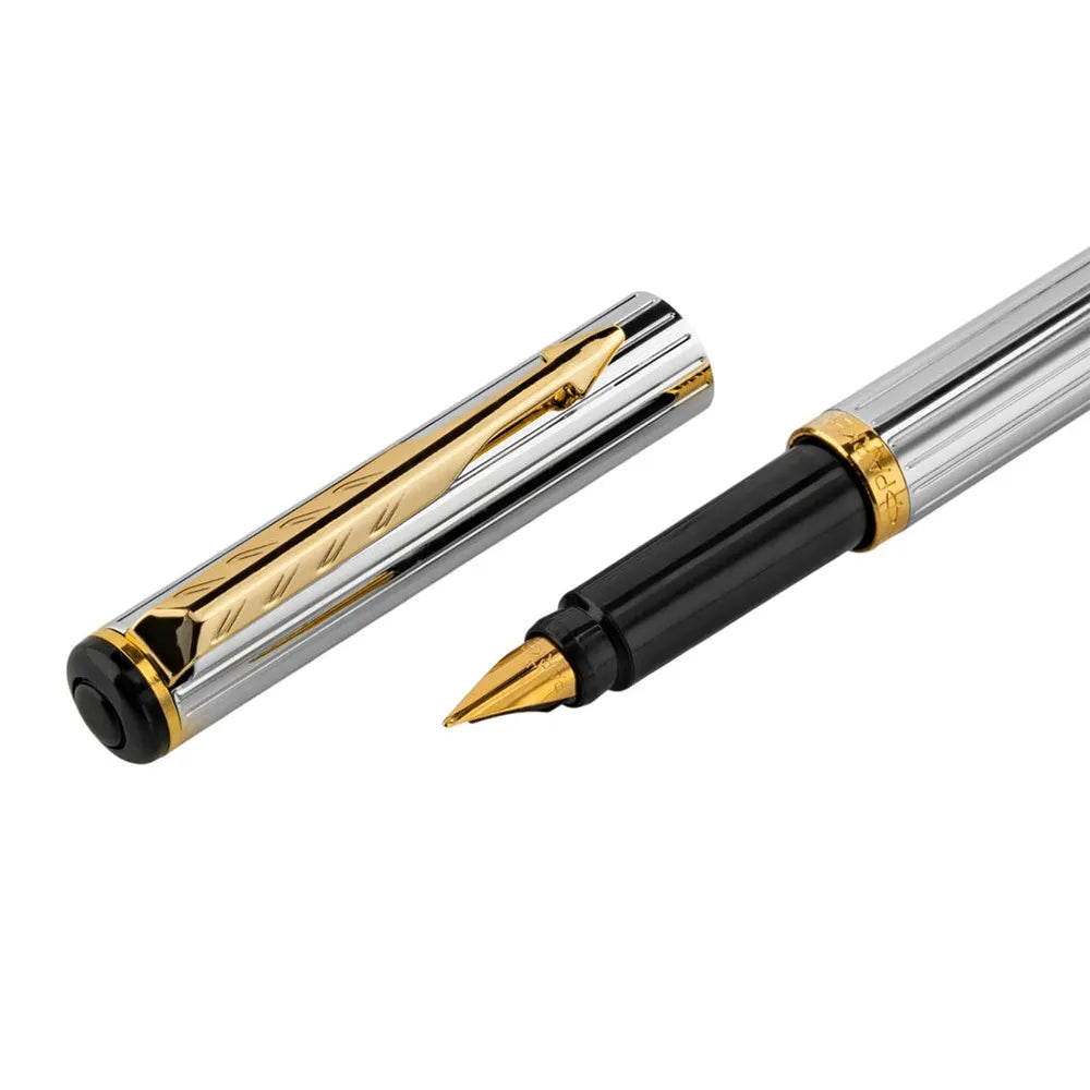 Parker Rialto Shiny Chrome Gold Trim Fountain Pen - Stainless Steel Nib