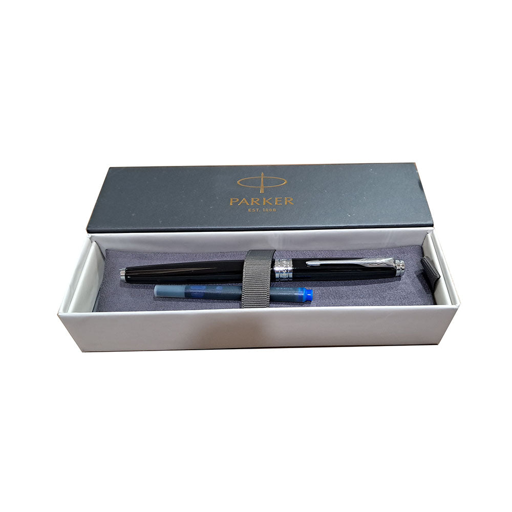 Parker Aster Lacque Black Chrome Plated Trim Fountain Pen, Parker Aster Fountain Pen With Lacquer Black Finish Metal Barrel And Chrome Plated Trim. A Contemporary & Unique Design Blended Highlighted With A Gold Plated Ring On The Barrel. Lacquer Black Finish Metal Barrel Chrome Plated Trim Contemporary & Unique Design Blended Cap Off Cap On Stainless Steel, Medium Nib Filling System Cartridge Made in India