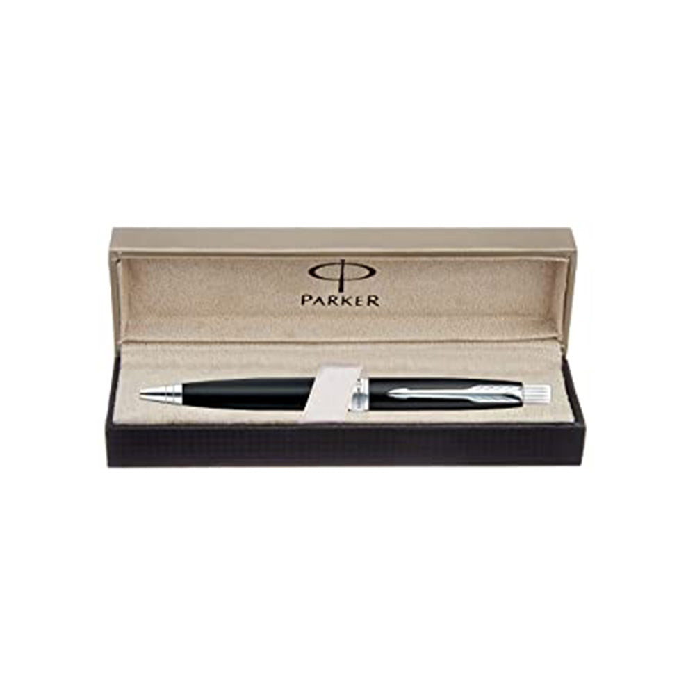 Parker Aster Ball Pen With Lacquer Black Finish Metal Barrel And Chrome Plated Trim. A Contemporary & Unique Design Blended Highlighted With A Chrome Plated Ring On The Barrel. Lacque Black Finish Metal Barrel Chrome Plated Trim A Contemporary & Unique Design Chrome Plated Ring On The Barrel Pen Gift Box Made in India