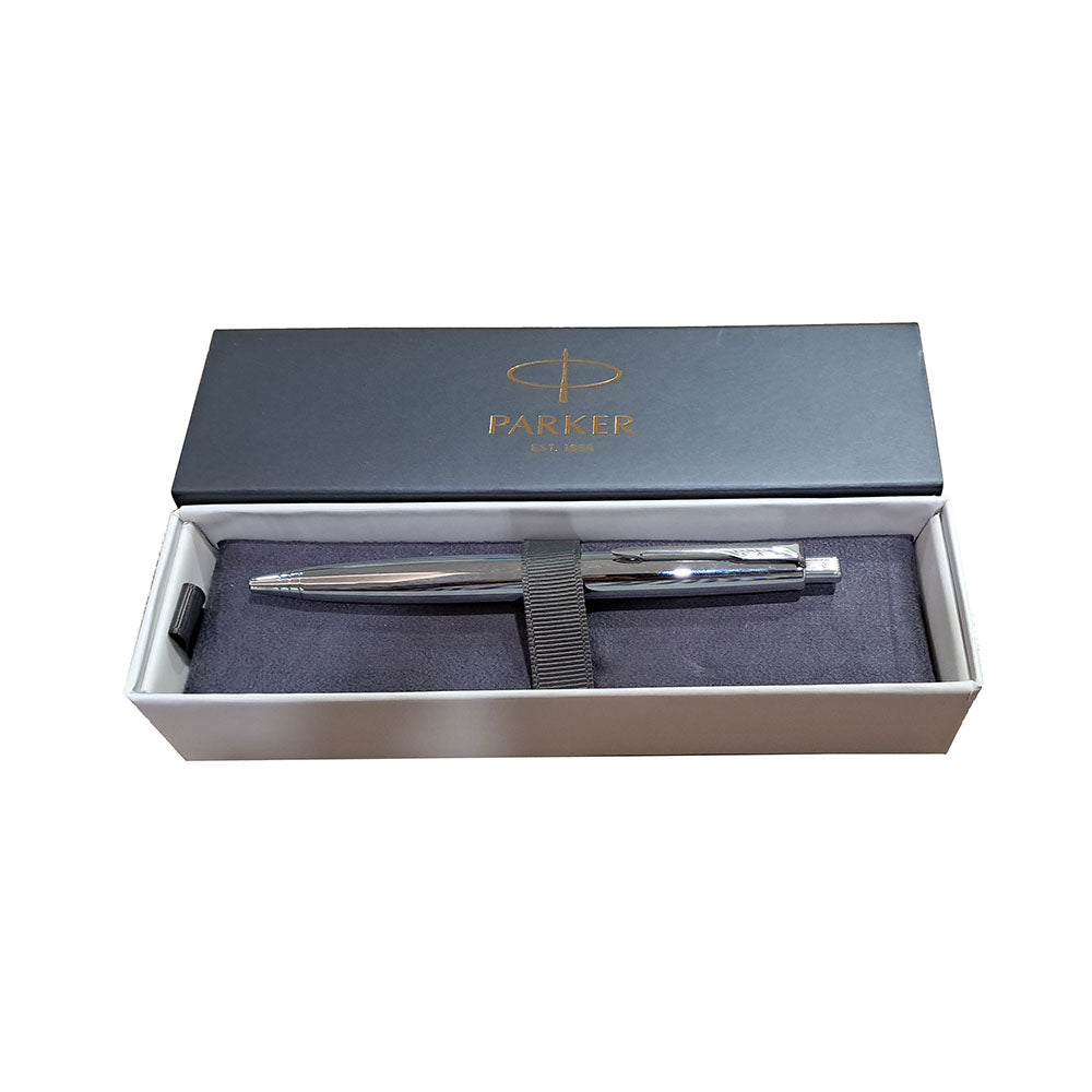 Parker Aster Ball Pen With Shiny Chrome Finish Metal Barrel And Chrome Plated Trim. A Contemporary & Unique Design Blended Highlighted With A Chrome Plated Ring On The Barrel. Shiny Chrome Finish Trim – Chrome Plated Trim Material - Metal Point – Fine Opening Mechanism – Click Refill – Parker Quink Flow Made in India