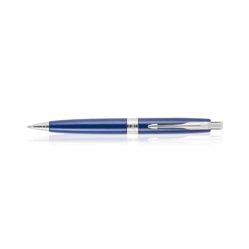 Parker Aster Ball Pen With Matt Blue Finish Metal Barrel And Chrome Plated Trim. A Contemporary & Unique Design Blended Highlighted With A Chrome Plated Ring On The Barrel. Matte Blue Resin Matte Finish metal barrel and Chrome plated Trim. Chrome Plated Ring On The Barrel A contemporary and unique design blended highlighted with a chrome plated ring on the barrel Engraved text will be in Chrome colour Made in India