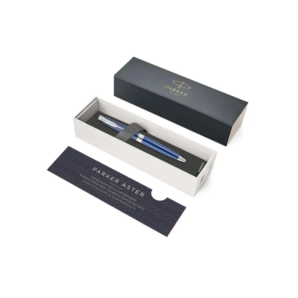Parker Aster Ball Pen With Matt Blue Finish Metal Barrel And Chrome Plated Trim. A Contemporary & Unique Design Blended Highlighted With A Chrome Plated Ring On The Barrel. Matte Blue Resin Matte Finish metal barrel and Chrome plated Trim. Chrome Plated Ring On The Barrel A contemporary and unique design blended highlighted with a chrome plated ring on the barrel Engraved text will be in Chrome colour Made in India