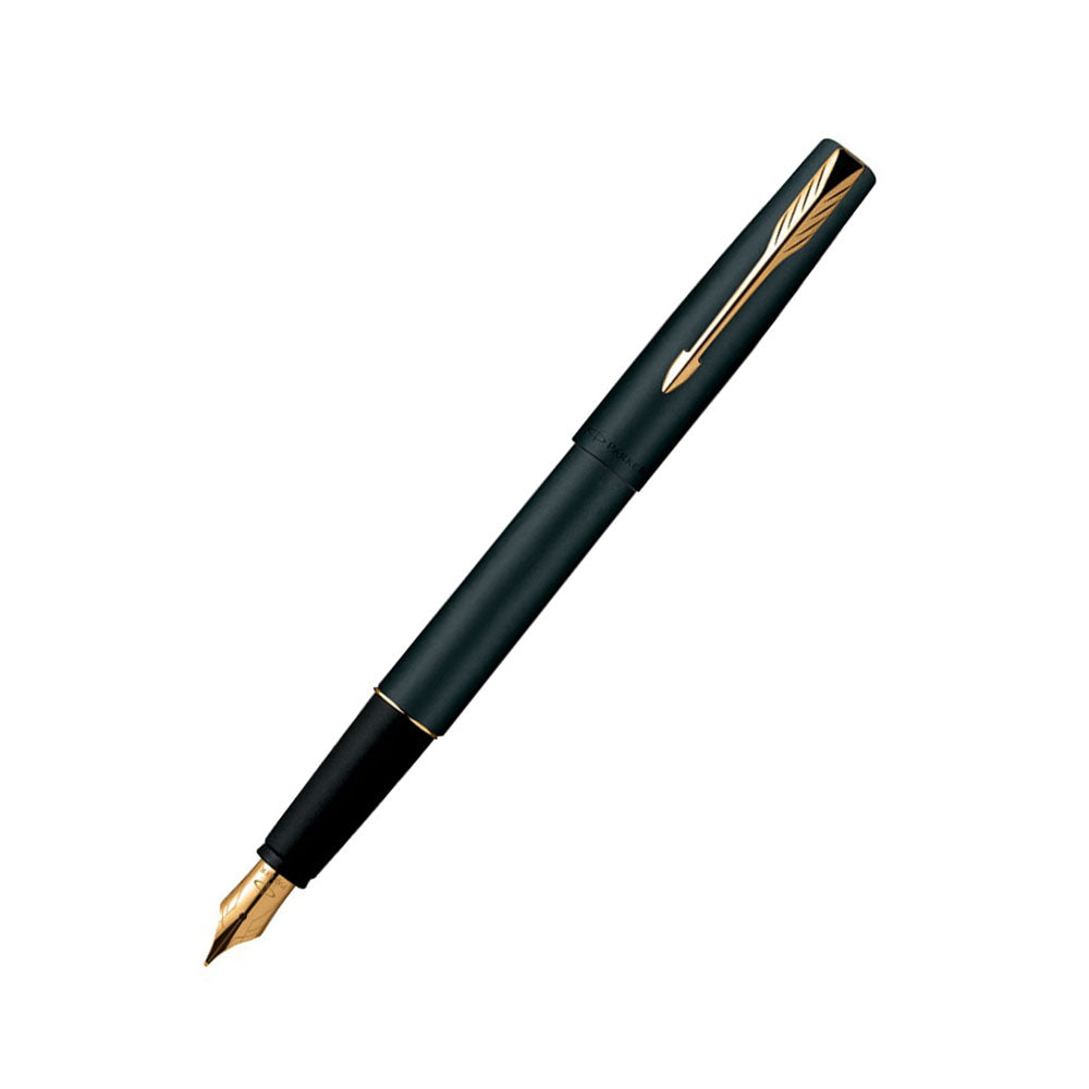 Frontier Matte Epoxy Resin Coated Stainless Steel Cap And Barrel For Premium Looks With Contrasting Gold Plated Clip. Stainless Steel Nib Style. Fitted With Twin -Channeled Ink Feed And Collector System. For Use With Quink Ink Cartridges Or Convertible To Quink Ink Bottle Filling Finish: Matte Finish with Gold Trim Body Material: Powder Coating Stainless Steel Clip : Stainless Steel Closure : Cap on Cap off Nib: Fine polished steel nib Blister Pack Made in India