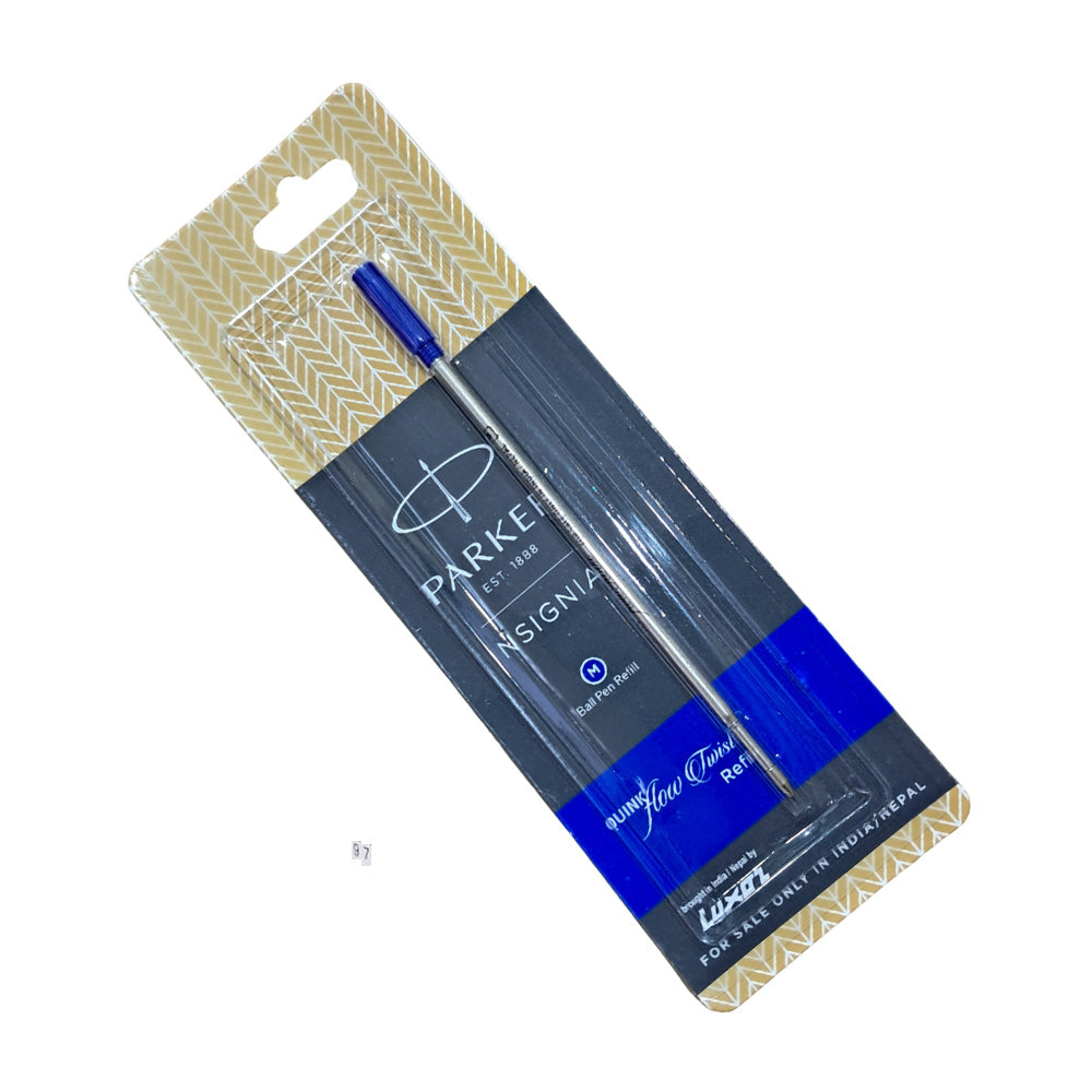 Parker Insignia Quink Ball Pen Refill (M) - Blue Insignia ball pen refill - blue ink medium point QuinkFlow Twist, The smoothest, cleanest, and most consistent performance Parker ball pen refill ever. Ink refill designed for ball pens QuinkFlow Twist Liability restricted to replacement of Product only Medium tip for your everyday writing 1N Ball Pen Refill