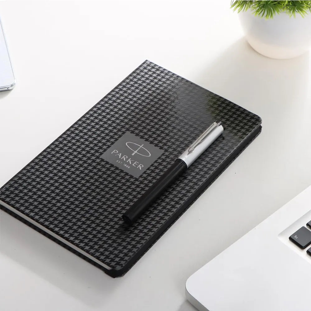 Parker Beta Premium Silver Roller Ball Pen with A5 Houndstooth Print Notebook