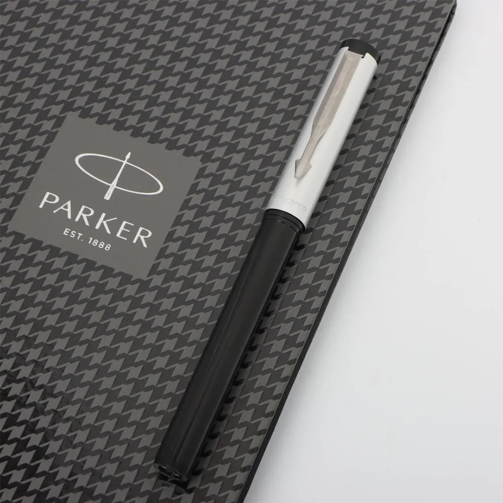 Parker Beta Premium Silver Roller Ball Pen with A5 Houndstooth Print Notebook