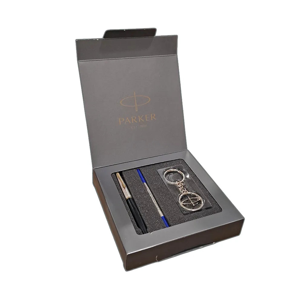 Parker Galaxy Standard Gold Trim Rollerball Pen with Parker Logo Silver Keychain