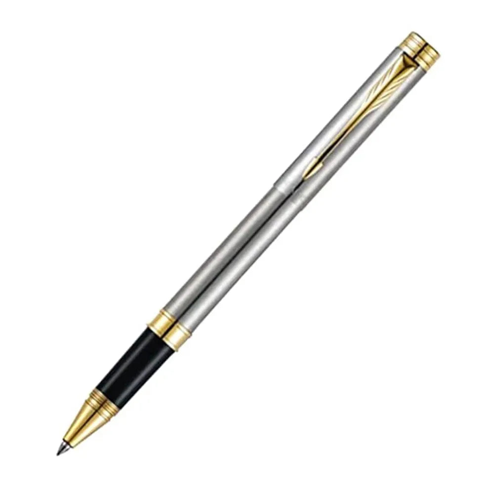 Parker Folio Stainless Steel Gold Trim Roller Ball Pen with a very slim & attractive design comes with German Ink technology which gives smooth handwriting. It feels very Premium & smooth in hand. Finish: Stainless Steel Finish Smooth stainless steel cap and barrel with Gold trim clip. Pen Opening Mechanism: Cap on/ cap off Refillable Refill 1N Black Notebook inside the pack Attractive Packing for Gift.