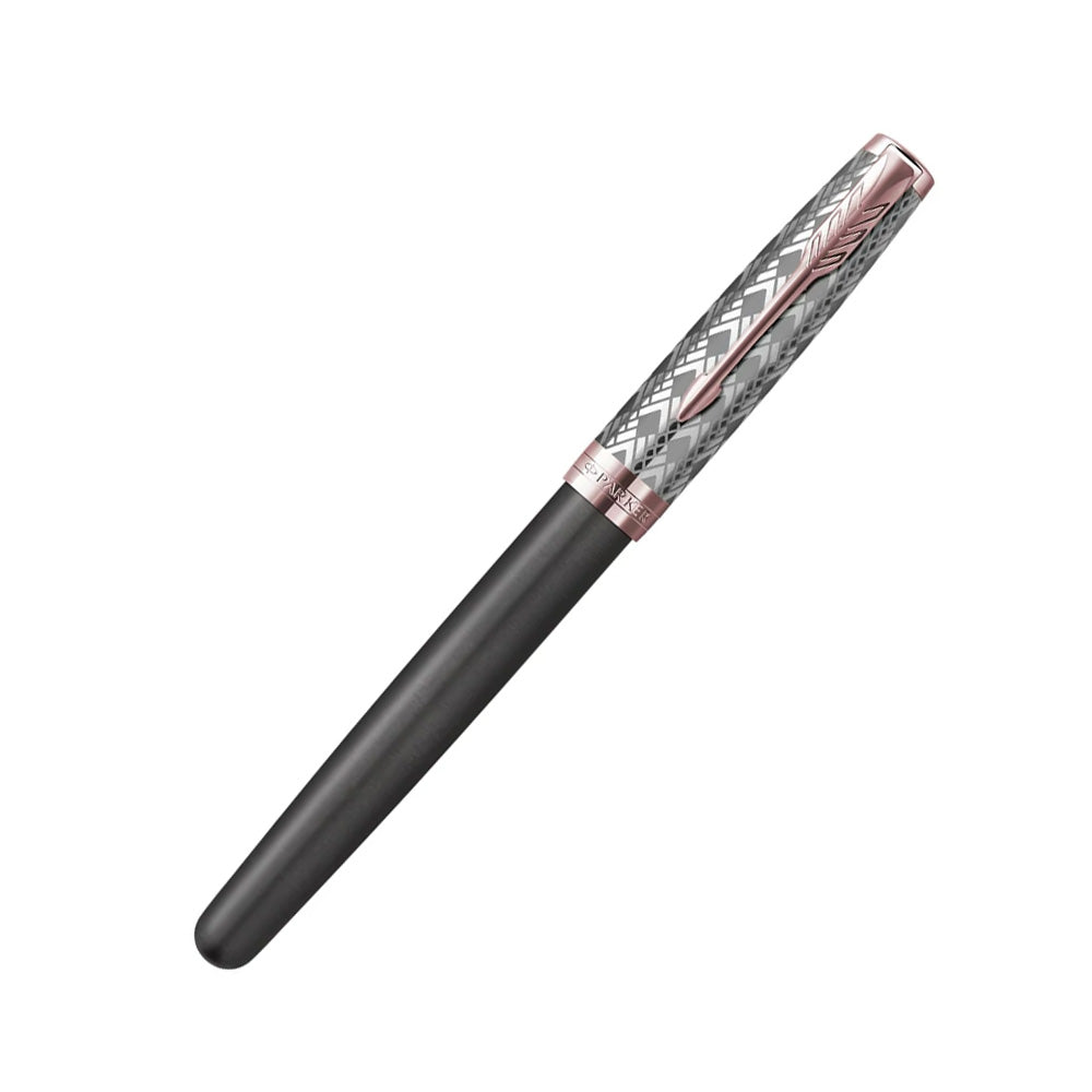 Parker Sonnet Metal & Grey Lacquer Rose Gold Trim Fountain Pen - 18Kt Gold Rhodium-Plated Fine Nib