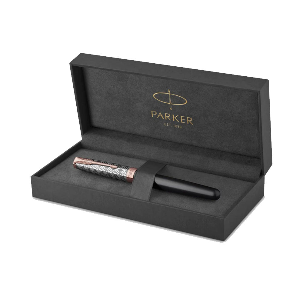 Parker Sonnet Metal & Grey Lacquer Rose Gold Trim Fountain Pen - 18Kt Gold Rhodium-Plated Fine Nib