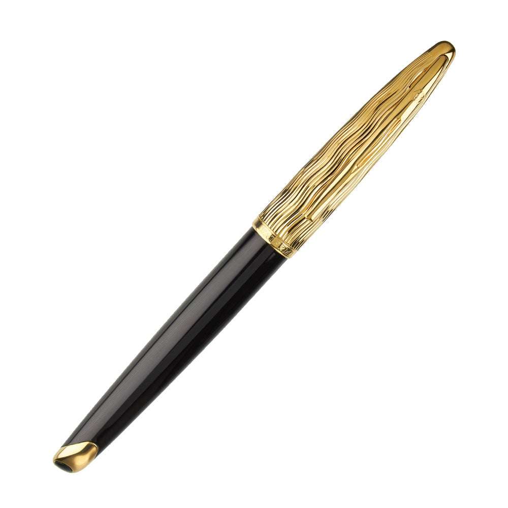 Waterman Carene Essential Black & Gold with Gold Trim Fountain Pen - 18Kt Gold Rhodium-Plated Medium Nib