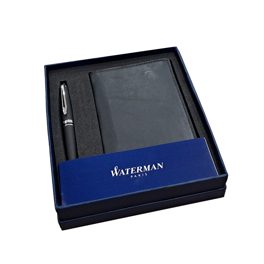 Waterman Expert Matte Black Chrome Trim Ball Pen with Passport Holder