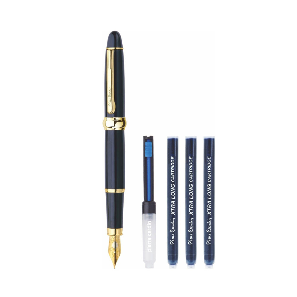 Explore the Pierre Cardin President Fountain Pen packaged in a unique plastic box, perfect for gifting or personal use. This exquisite pen set features finely crafted writing instruments housed in an elegant and durable plastic box. Glossy Black with Gold Trim Pierre Cardin President Exclusive Fountain Pen Unique Liquid Ink System Steel Nib No 1 Set of 1 President Fountain Pen + 3 Xtra Long Ink Cartridge + 1 Ink Converter Blue Ink