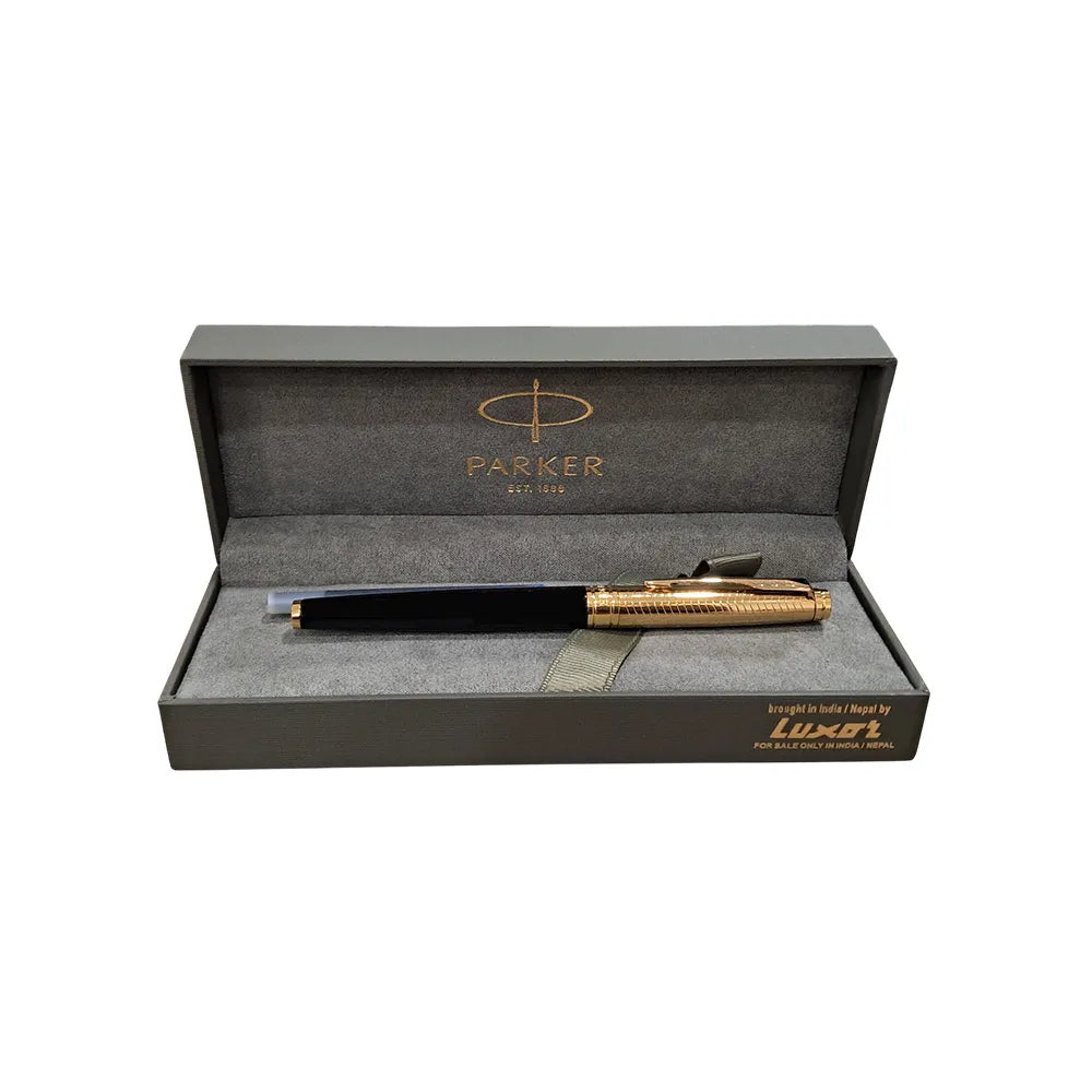 The Parker Aster Black & Gold Contemporary GT Fountain Pen is part of the Parker Aster Premium collection. Parker presents this Aster Contemporary fountain pen that looks elegant with its lacquered black barrel. The brushed golden finish at the gripping section ensures a comfortable grip and an enjoyable writing experience. The golden accents on the satin gold lacquered cap further add to the appeal of this fine writing instrument. This is a cap on/cap off pen that uses standard Quink cartridges and del