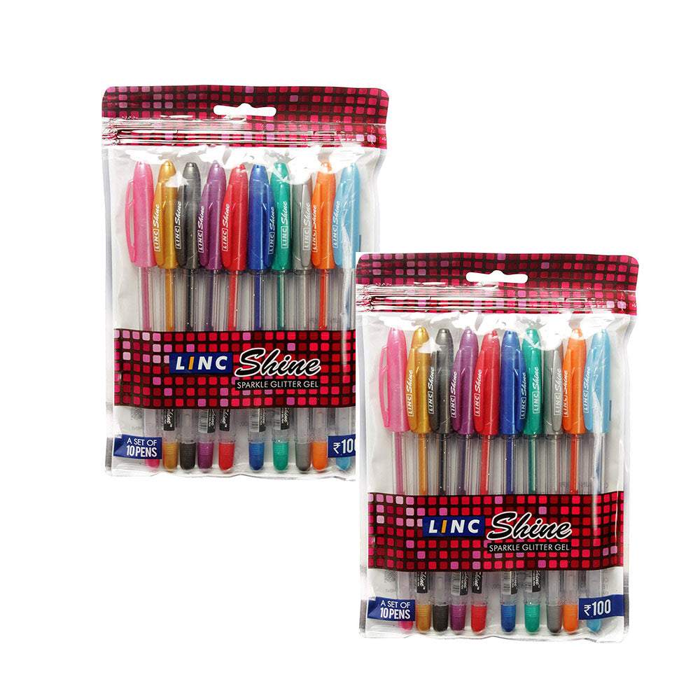 Linc Shine Sparkle Glitter Gel Pen 10 Pcs (Multicolour) - Pack of 2