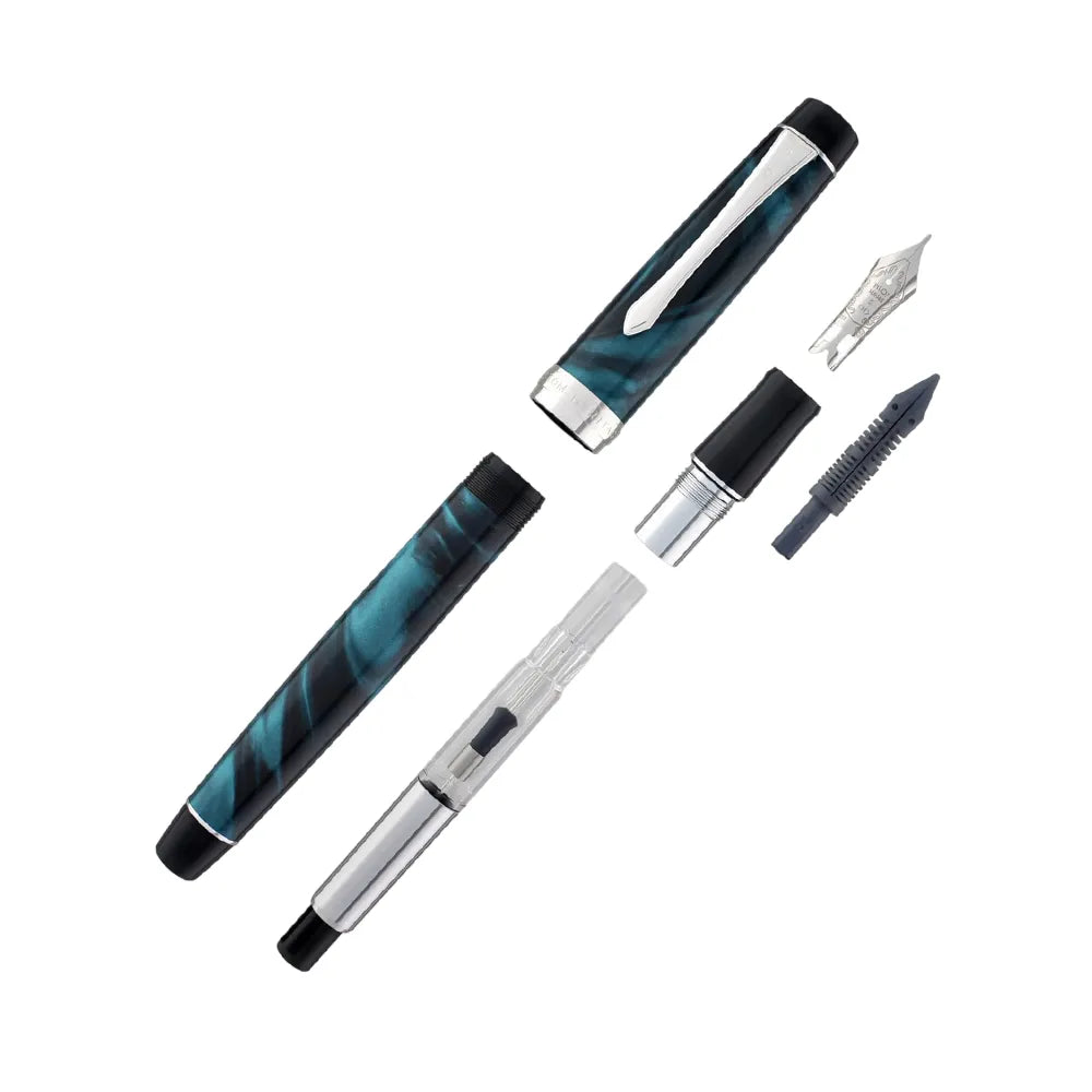 The Pilot Custom Heritage Marble SE Green Fountain Pen is a stunning and vibrant marble-colored resin body extends sophistication to your writing style. Every single pen is one-of-a-kind, because no two marbling patterns are exactly the same. The Pilot Custom Heritage SE fountain pen is smooth writing with a finely crafted 14 karat gold, #5, rhodium plated nib, available in Fine or Medium. Designed to delight the fountain pen collector, the pen’s exceptional body is enhanced with lustrous rhodium accents. T