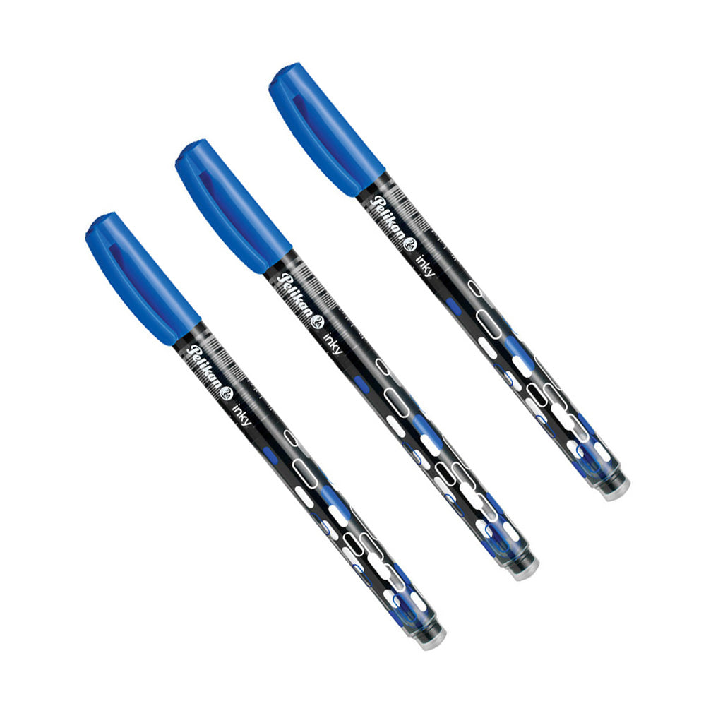 The Inky ink pen in black by Pelikan provides a clean and smooth writing thanks to the Pelikan ink regulation system! Similar to a fountain pen Line width approx 0.5mm Writes cleanly and evenly thanks to ink flow control system Blue ink is erasable For school and office New modern design In four colour in combo pack: 3 blue, 1 green, 1 red and 2 black
