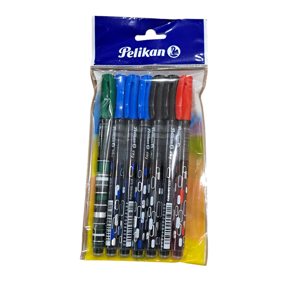 The Inky ink pen in black by Pelikan provides a clean and smooth writing thanks to the Pelikan ink regulation system! Similar to a fountain pen Line width approx 0.5mm Writes cleanly and evenly thanks to ink flow control system Blue ink is erasable For school and office New modern design In four colour in combo pack: 3 blue, 1 green, 1 red and 2 black