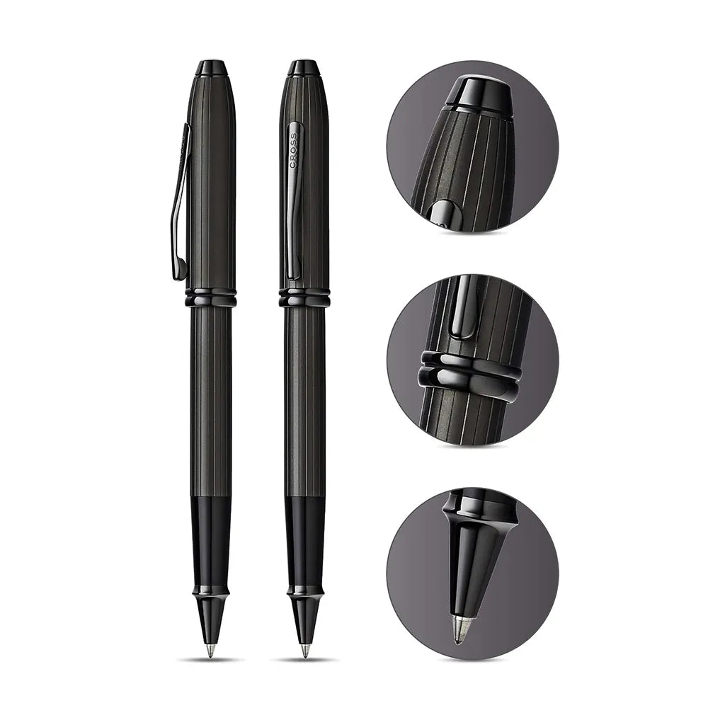 Cross Townsend Matte Black-Deep-etched Vertical Engravings with Black PVD Trim Selectip Rollerball Pen