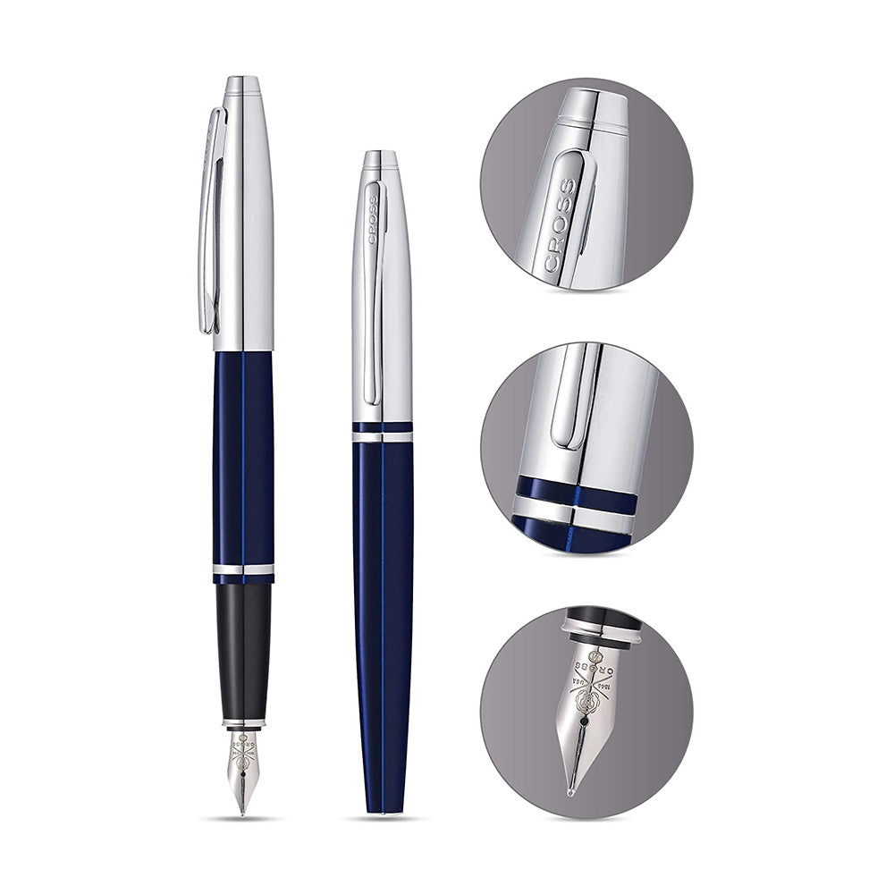 With Art Deco–inspired lines and sophisticated finishes, the Calais Collection is an instant classic. Lightweight, sleek, with chrome accents and a bold profile, it brings a crisp, clean look to the table every time. A modern take on classic Cross design Beautiful finishes accented with a chrome center band Lustrous chrome cap with blue lacquer barrel Polished chrome appointments Click-off cap Specially formulated ink flows flawlessly for a superior writing experience Presented in a gift box