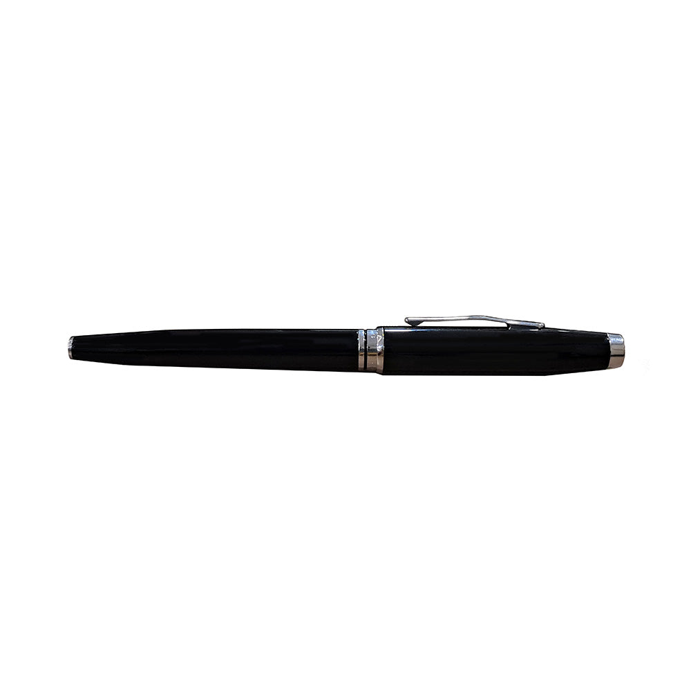 The Coventry roller pen impresses with its strong profile, rich sheen, and polished contrasting appointments. This stylish writing instrument is the perfect gift for those who want to elevate their writing experience every day. Black lacquer finish Chrome-plated appointments Click-off cap Exclusive gel ink rollerball formula flows freely like a fountain pen Includes one black gel ink rollerball tip (refill #8523) Premium gift box
