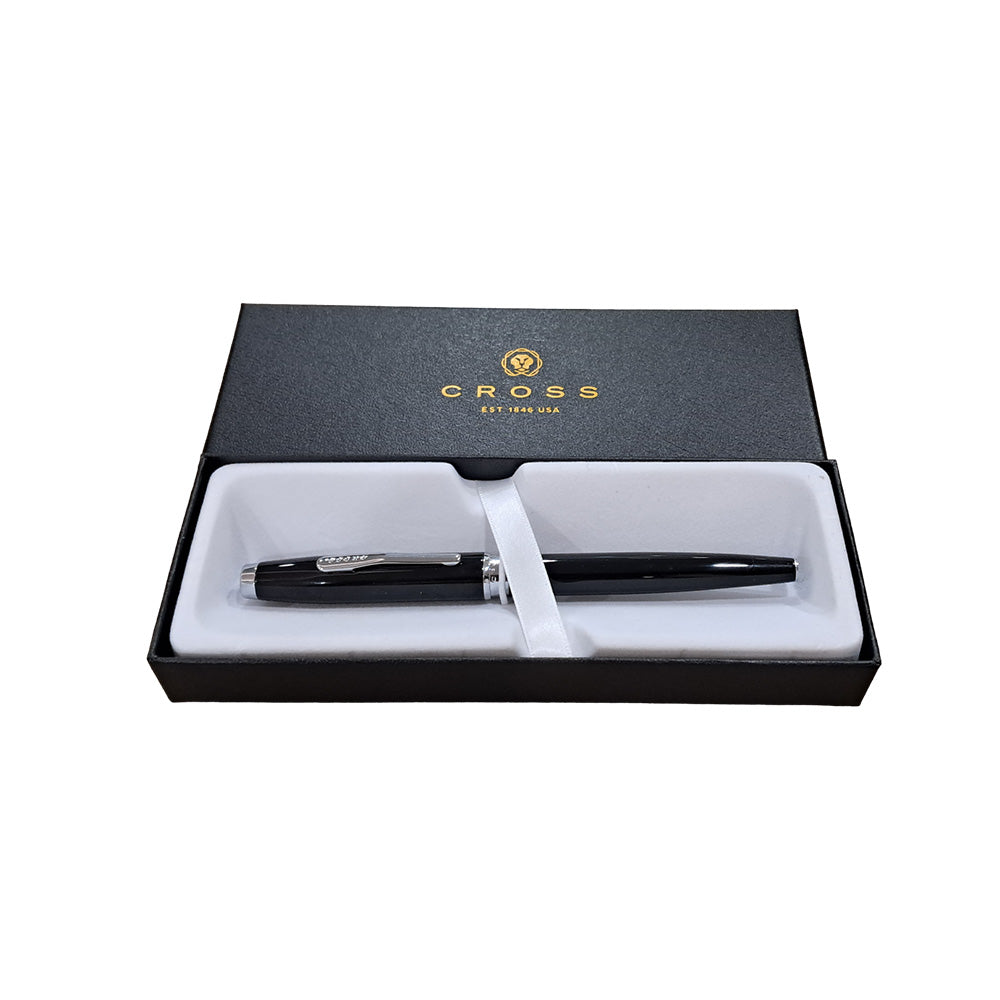The Coventry roller pen impresses with its strong profile, rich sheen, and polished contrasting appointments. This stylish writing instrument is the perfect gift for those who want to elevate their writing experience every day. Black lacquer finish Chrome-plated appointments Click-off cap Exclusive gel ink rollerball formula flows freely like a fountain pen Includes one black gel ink rollerball tip (refill #8523) Premium gift box