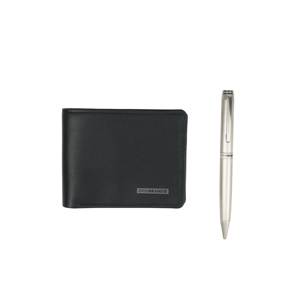 Swissbrand G03-2505-22 Matte Chrome Lacquer CT Ballpoint Pen with Leather Wallet