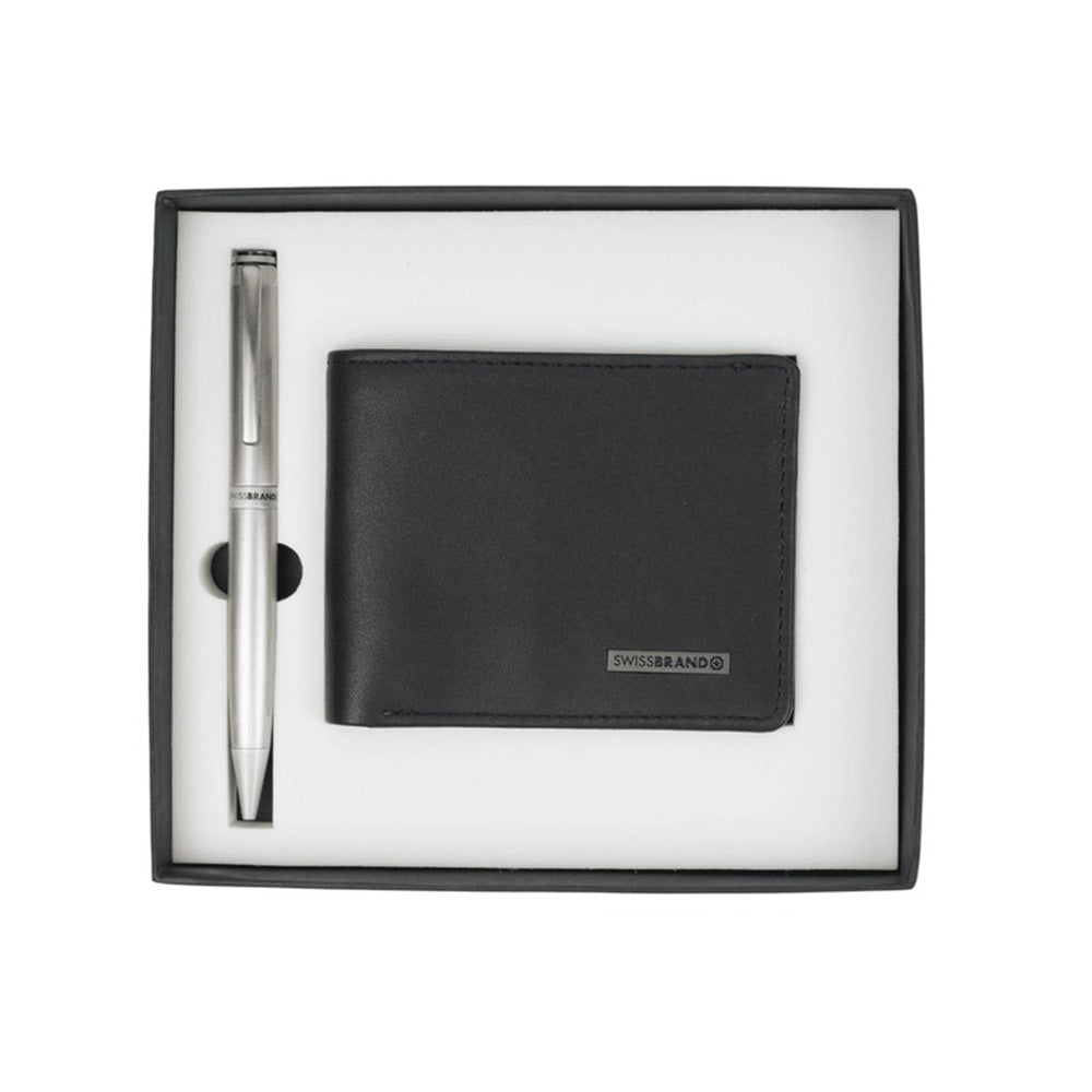 Swissbrand G03-2505-22 Matte Chrome Lacquer CT Ballpoint Pen with Leather Wallet