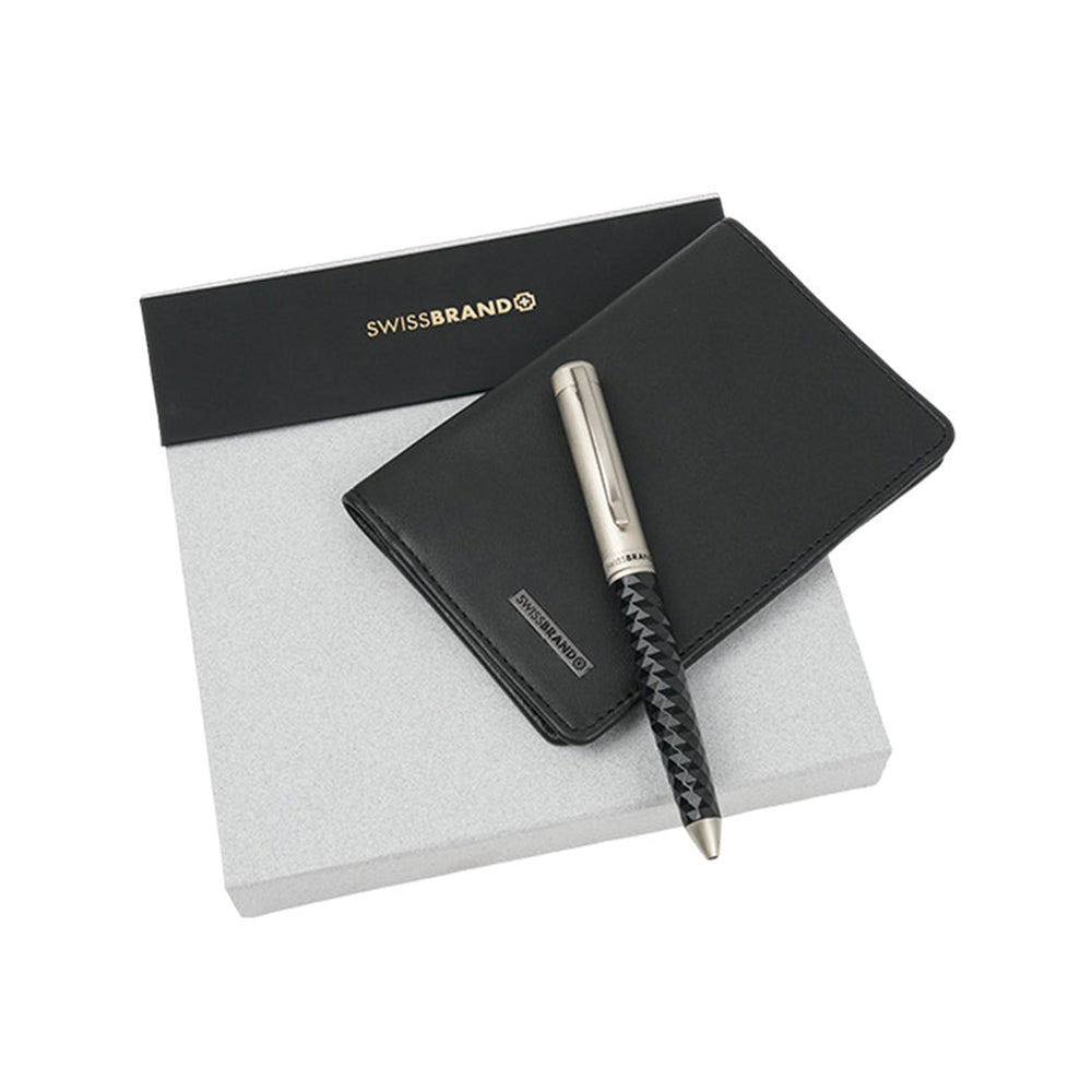 Swissbrand G04-2514-22 Black Composite Diamond-textured Barrel with Matte Chrome Trim Ball Pen with Passport Cover